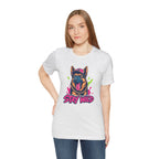 Woman wearing a white t-shirt with a dog graphic and 'Stay Wild' text on a white background