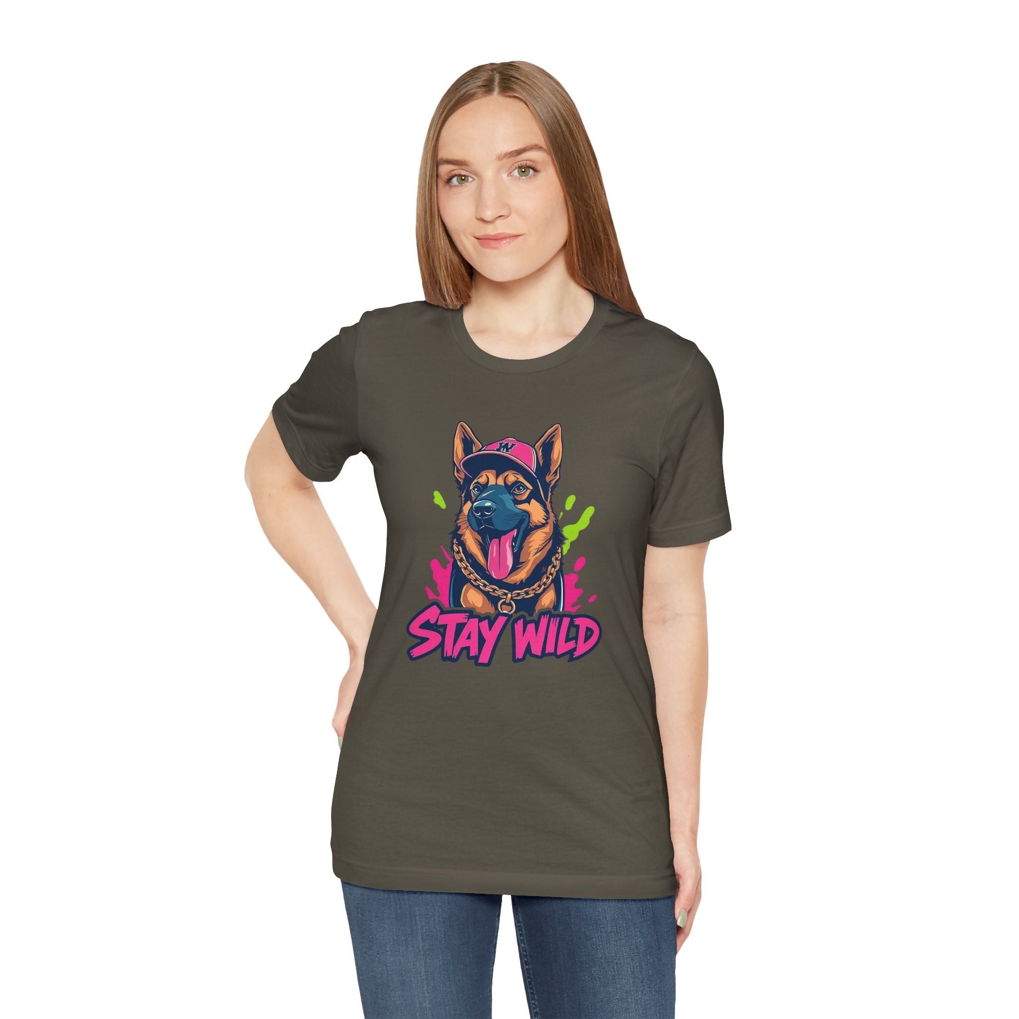 Woman wearing a t-shirt with a dog graphic and 'Stay Wild' text on a white background