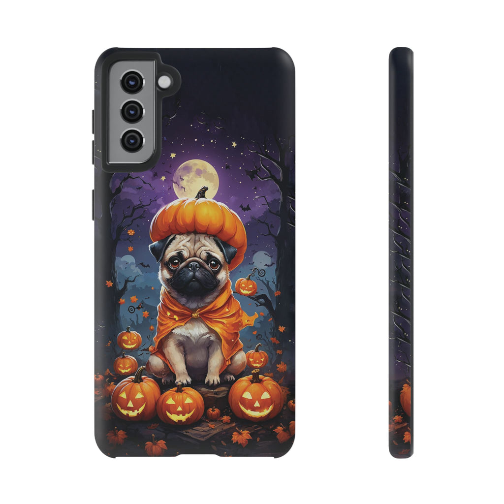 Phone case with a pug in an orange costume on pumpkins against a Halloween-themed background