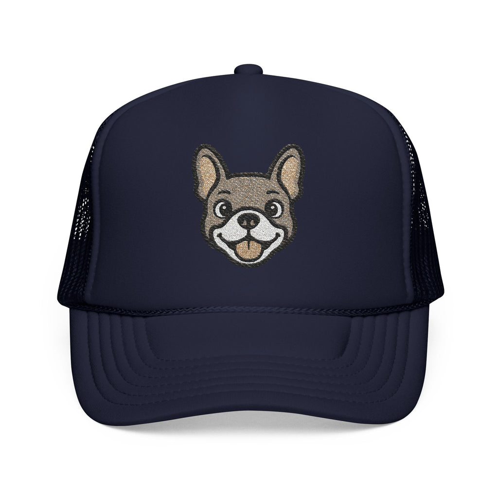 Navy blue trucker cap with a dog face design on a white background