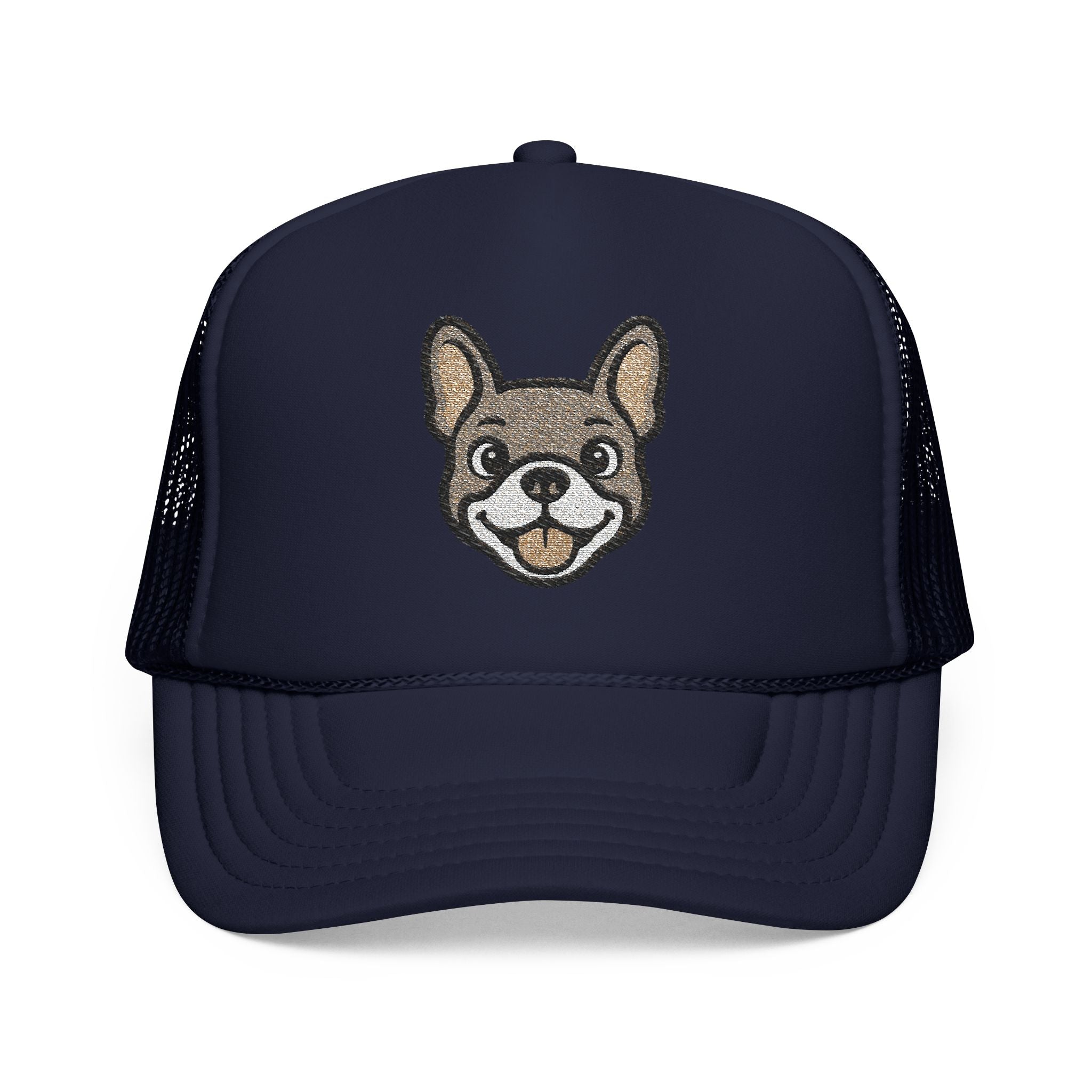 Navy blue trucker cap with a dog face design on a white background