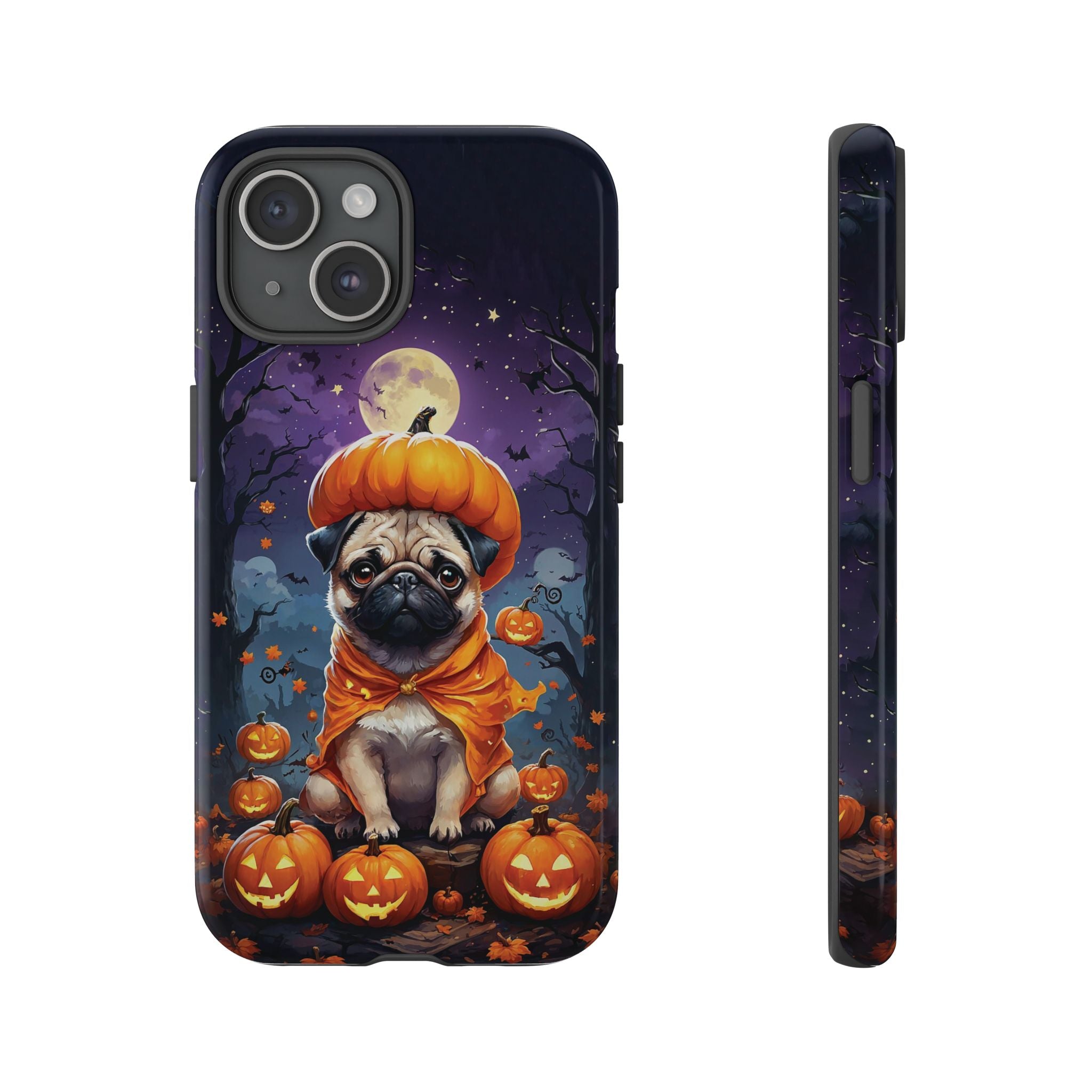 Phone case with a pug in a pumpkin costume on a Halloween-themed background