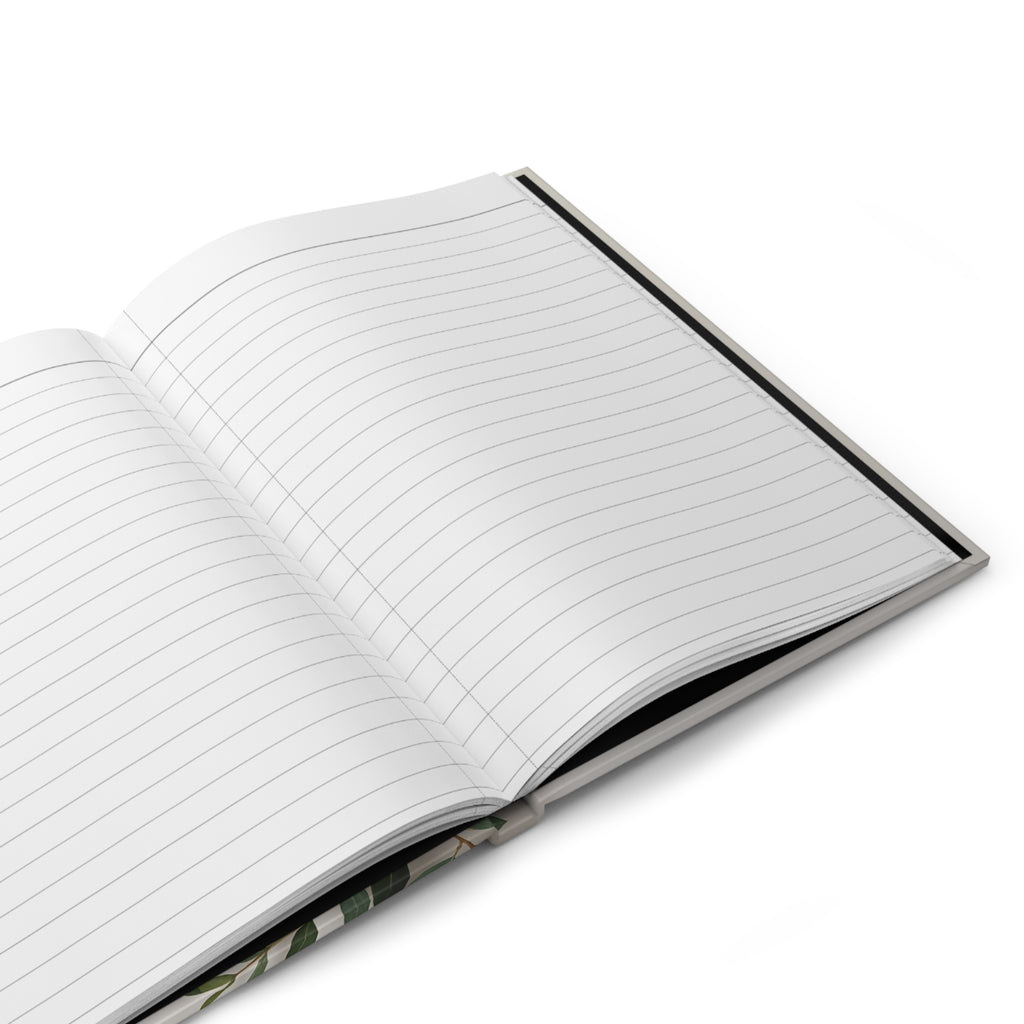 Open notebook with lined pages on a white background