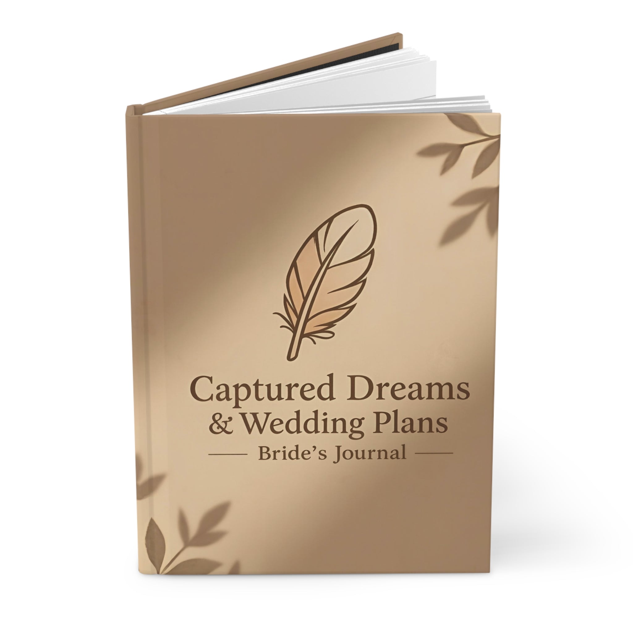 Bride's journal with feather design and text on a white background