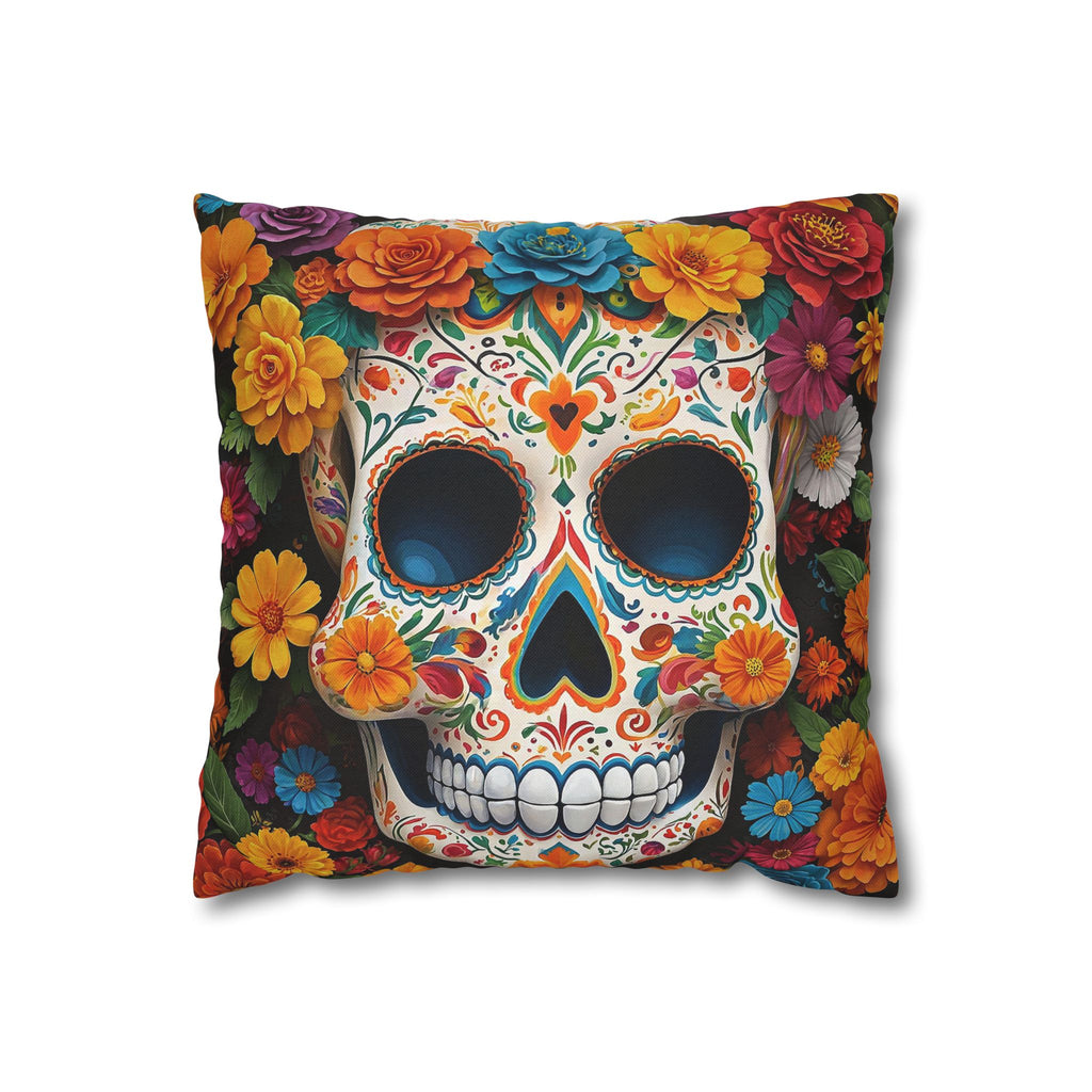 Decorative pillow with a colorful skull design and floral patterns 