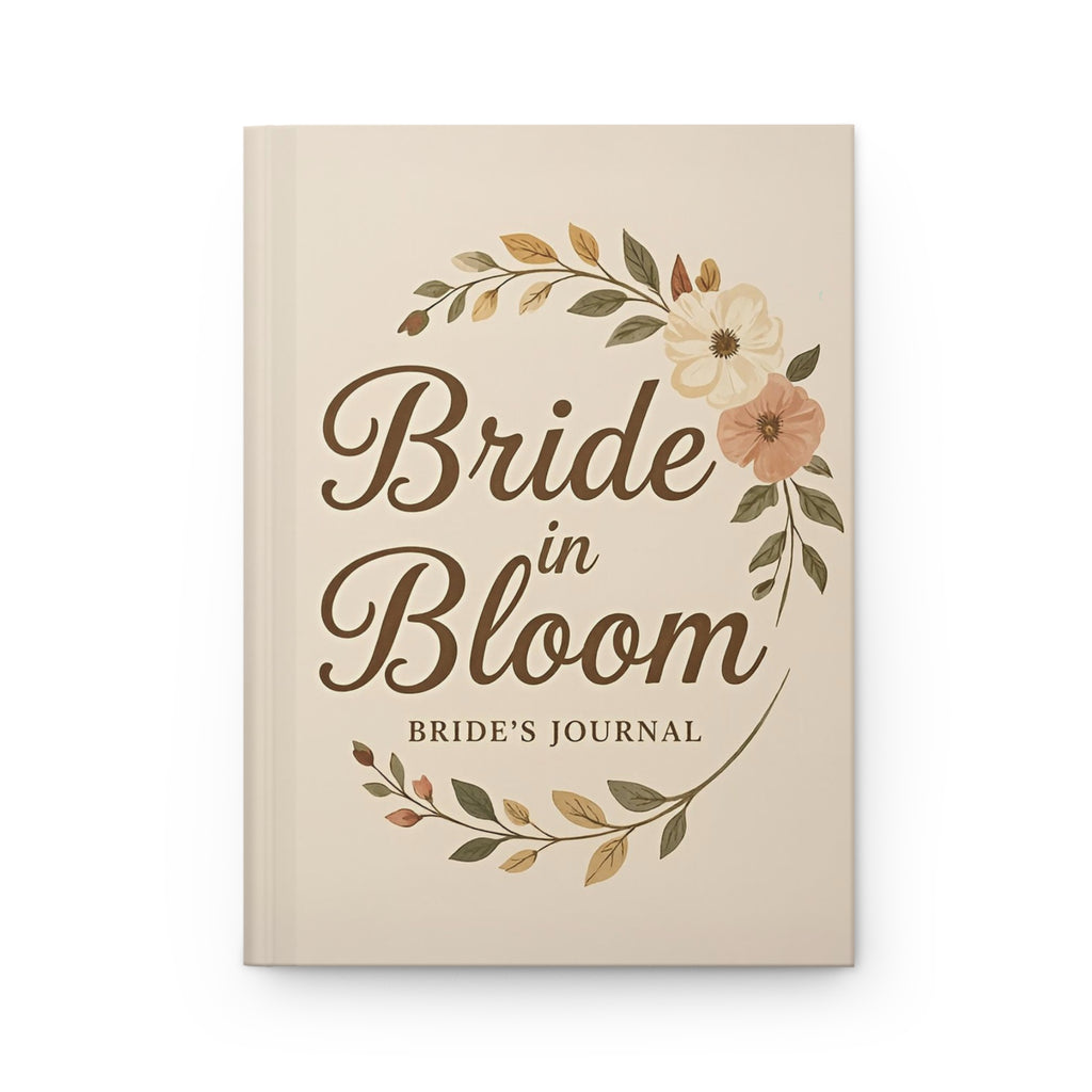 Beige journal titled 'Bride in Bloom: Bride's Journal' with floral designs on a white background