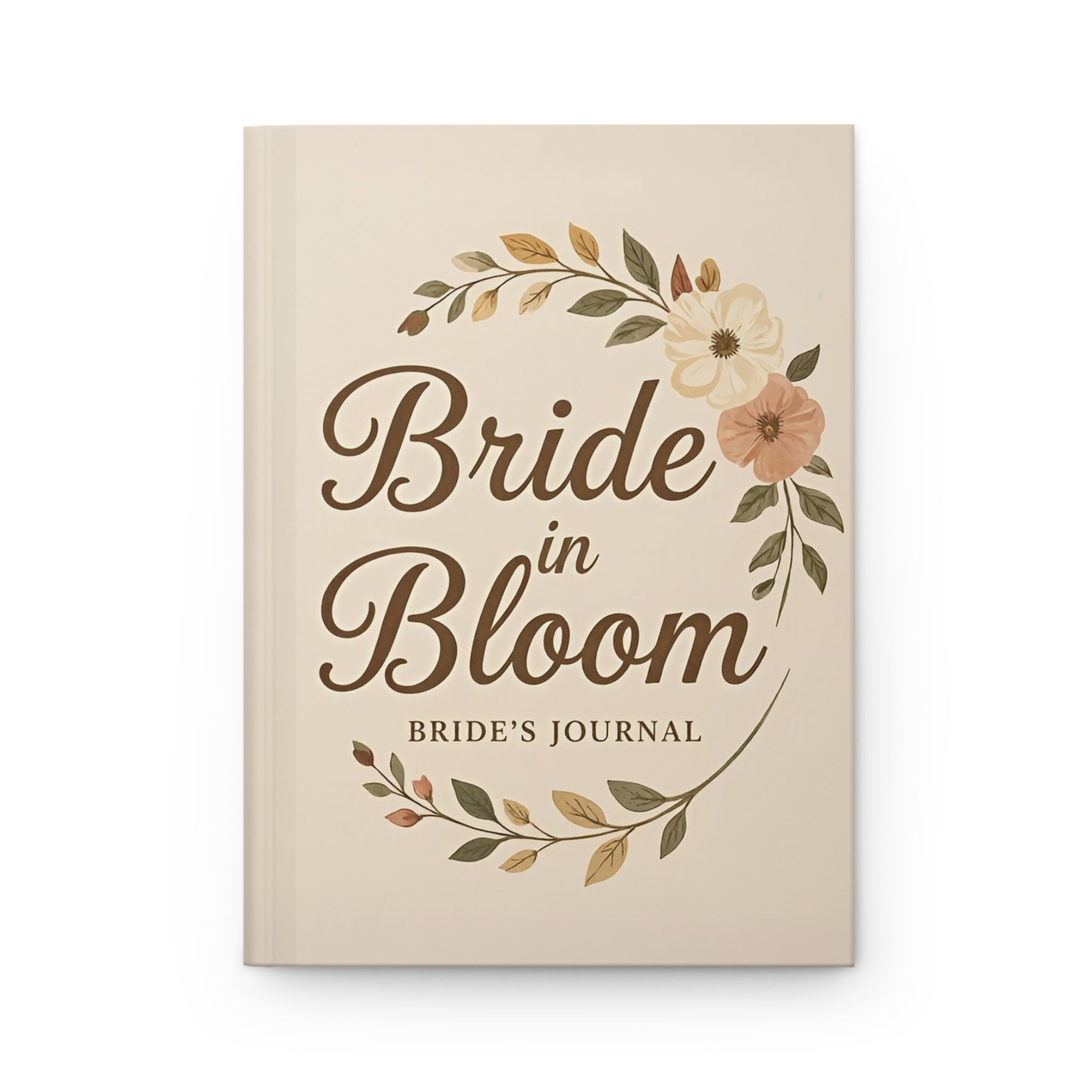 Beige journal titled 'Bride in Bloom: Bride's Journal' with floral designs on a white background