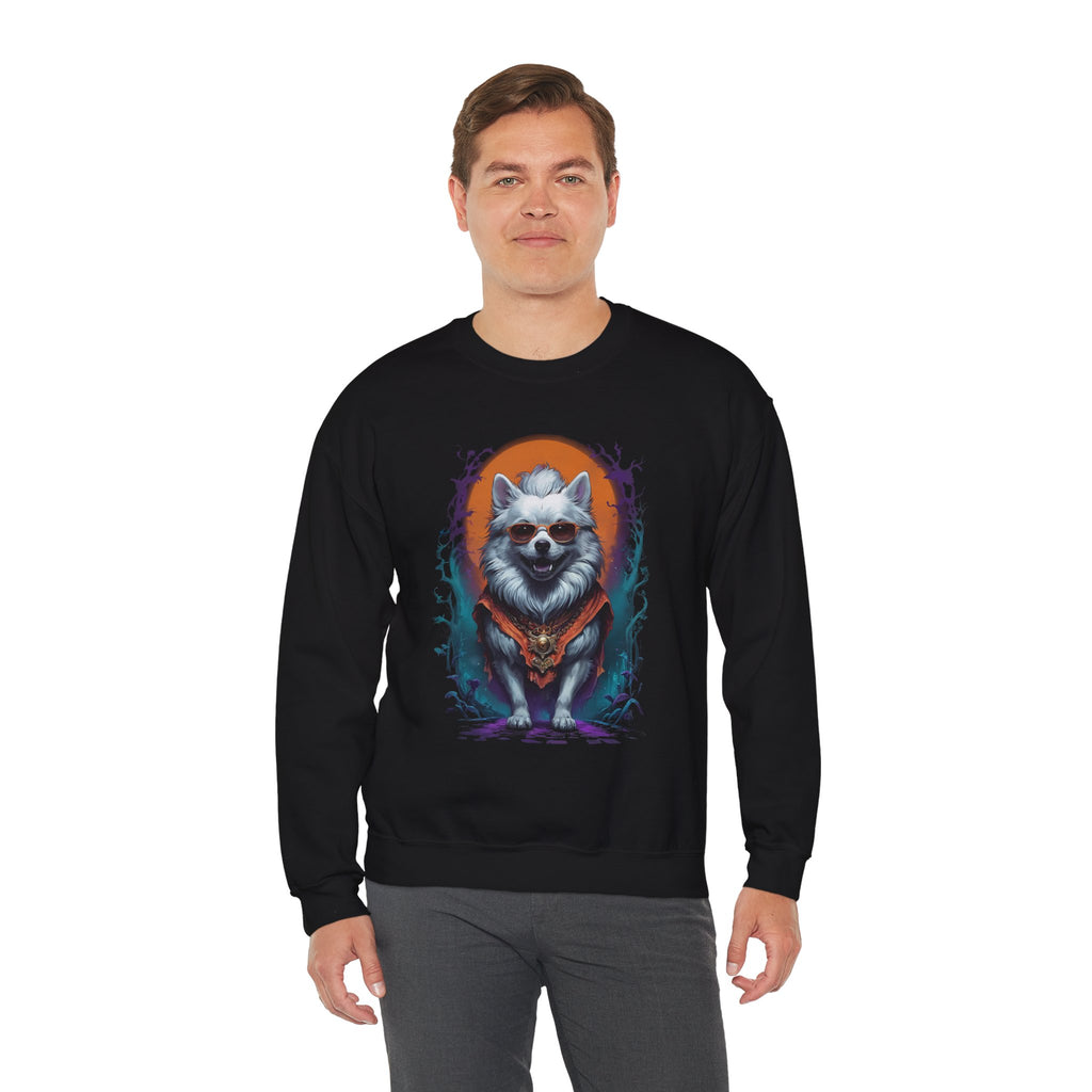 Person wearing a black sweatshirt with a colorful dog graphic on a white background