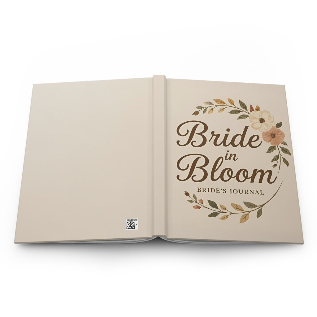 Open book titled 'Bride in Bloom: Bride's Journal' on a white background