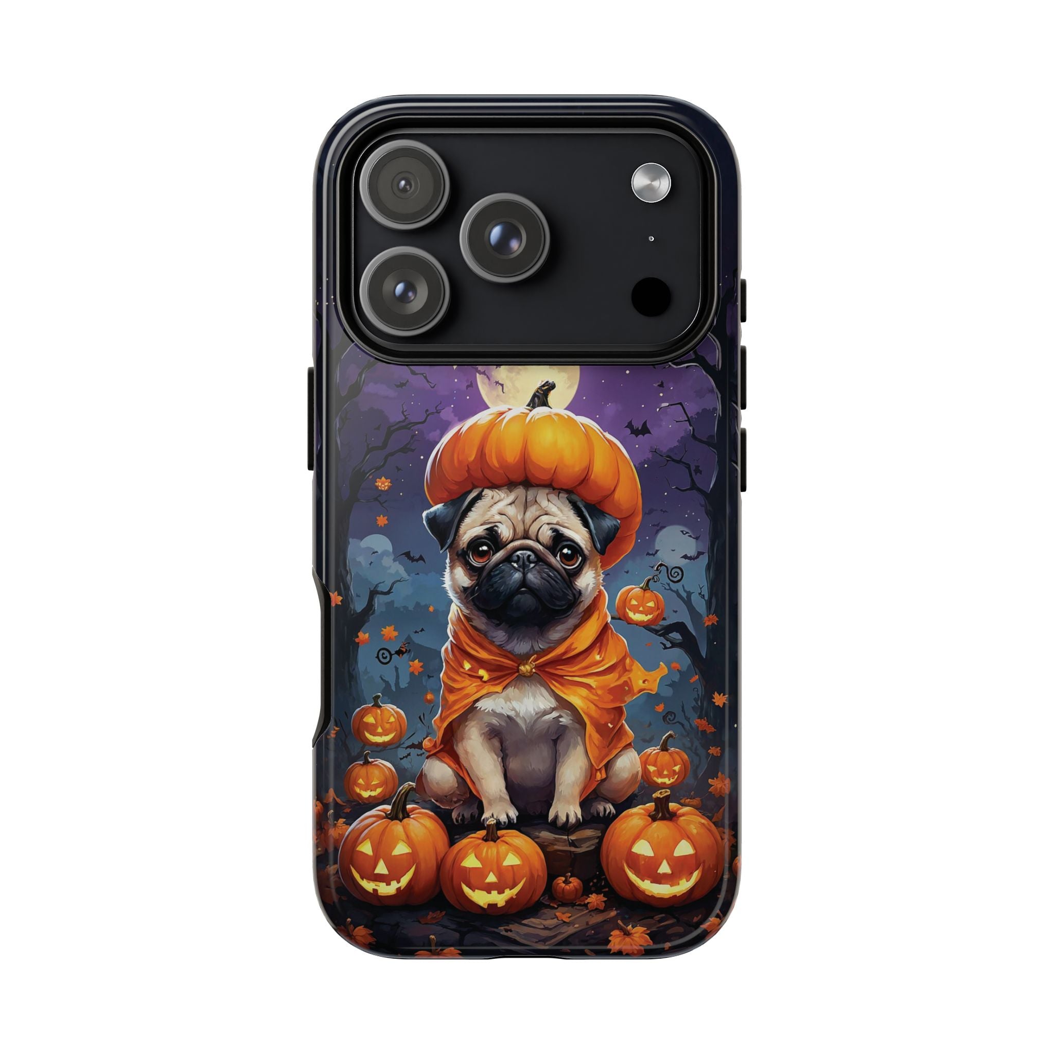 Phone case with a pug in an orange costume sitting on pumpkins against a Halloween-themed background