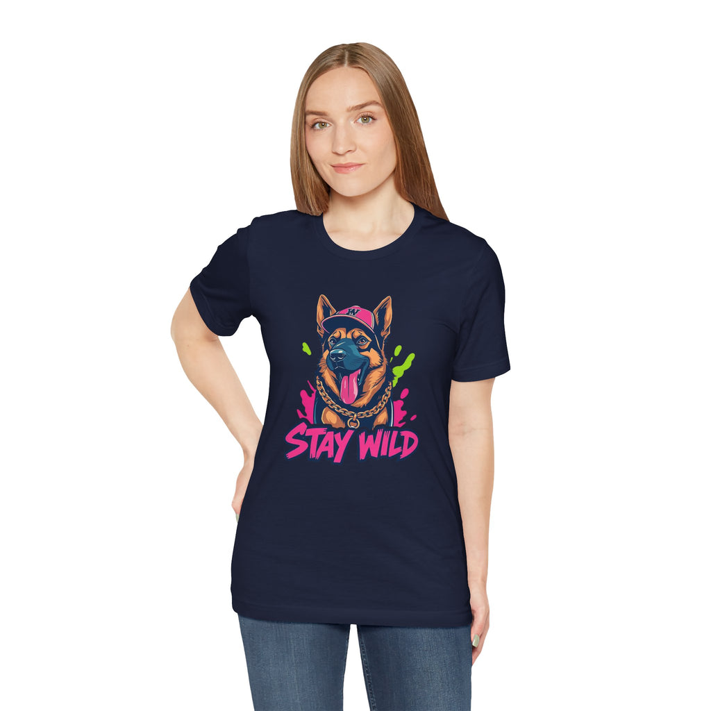 Person wearing a navy blue t-shirt with a dog graphic and 'Stay Wild' text on a white background