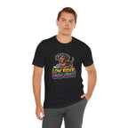 Man wearing a black t-shirt with a dachshund graphic and text 'Low Rider High Vibes' on a white background