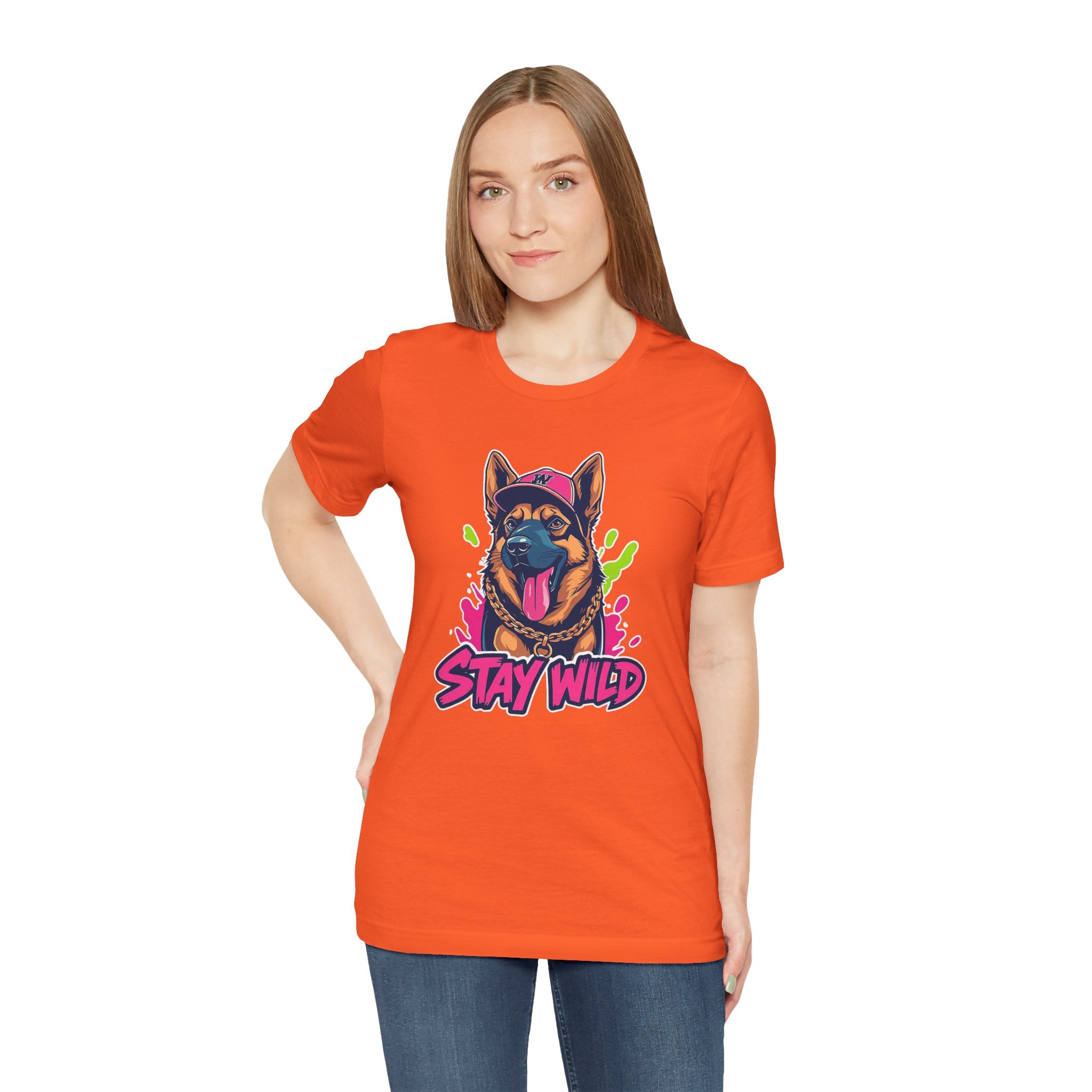 Person wearing an orange t-shirt with a dog graphic and 'Stay Wild' text on a white background
