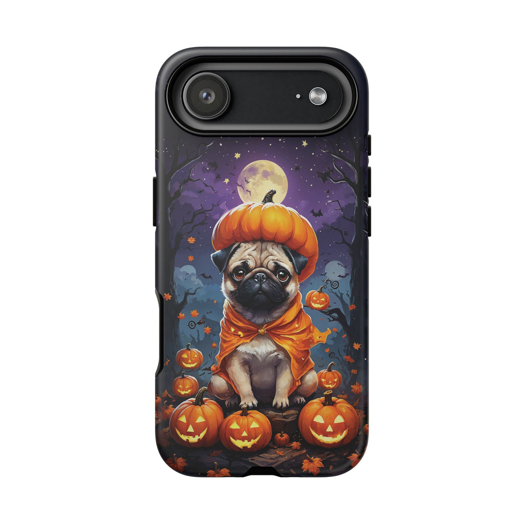 Phone case with a pug in a pumpkin costume on a Halloween-themed background