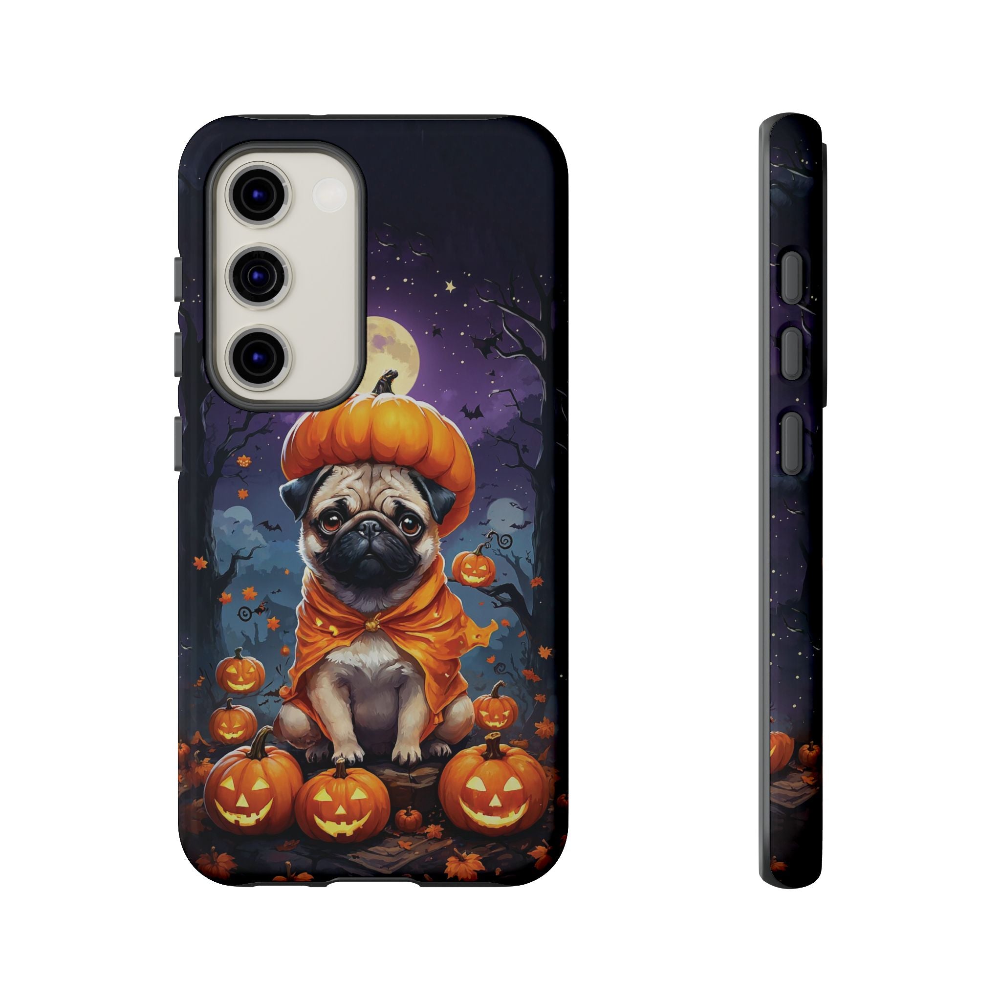Phone case with a pug in a pumpkin costume on a Halloween-themed background