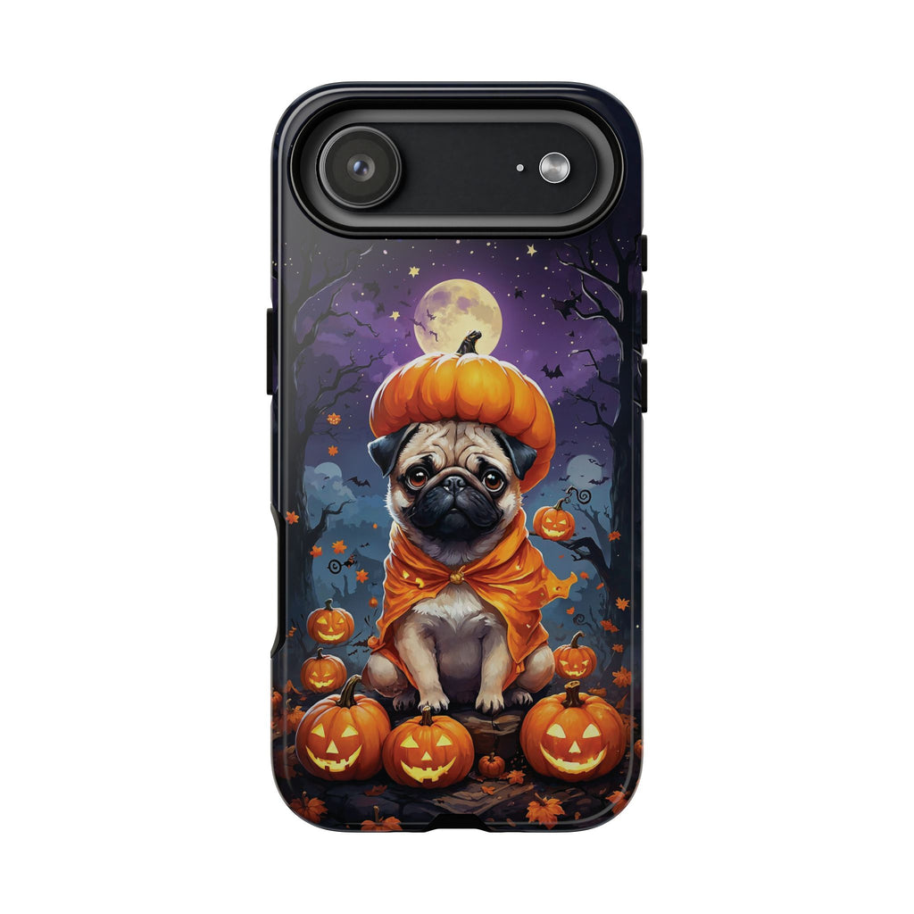Phone case with a pug in an orange costume sitting on pumpkins against a Halloween-themed background.