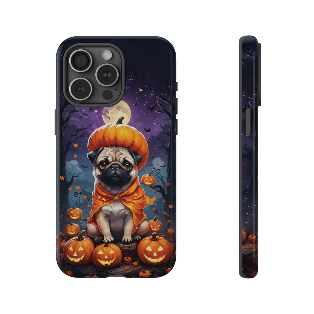 Phone case with a pug in an orange costume sitting on a pumpkin, surrounded by pumpkins and bats on a dark background.