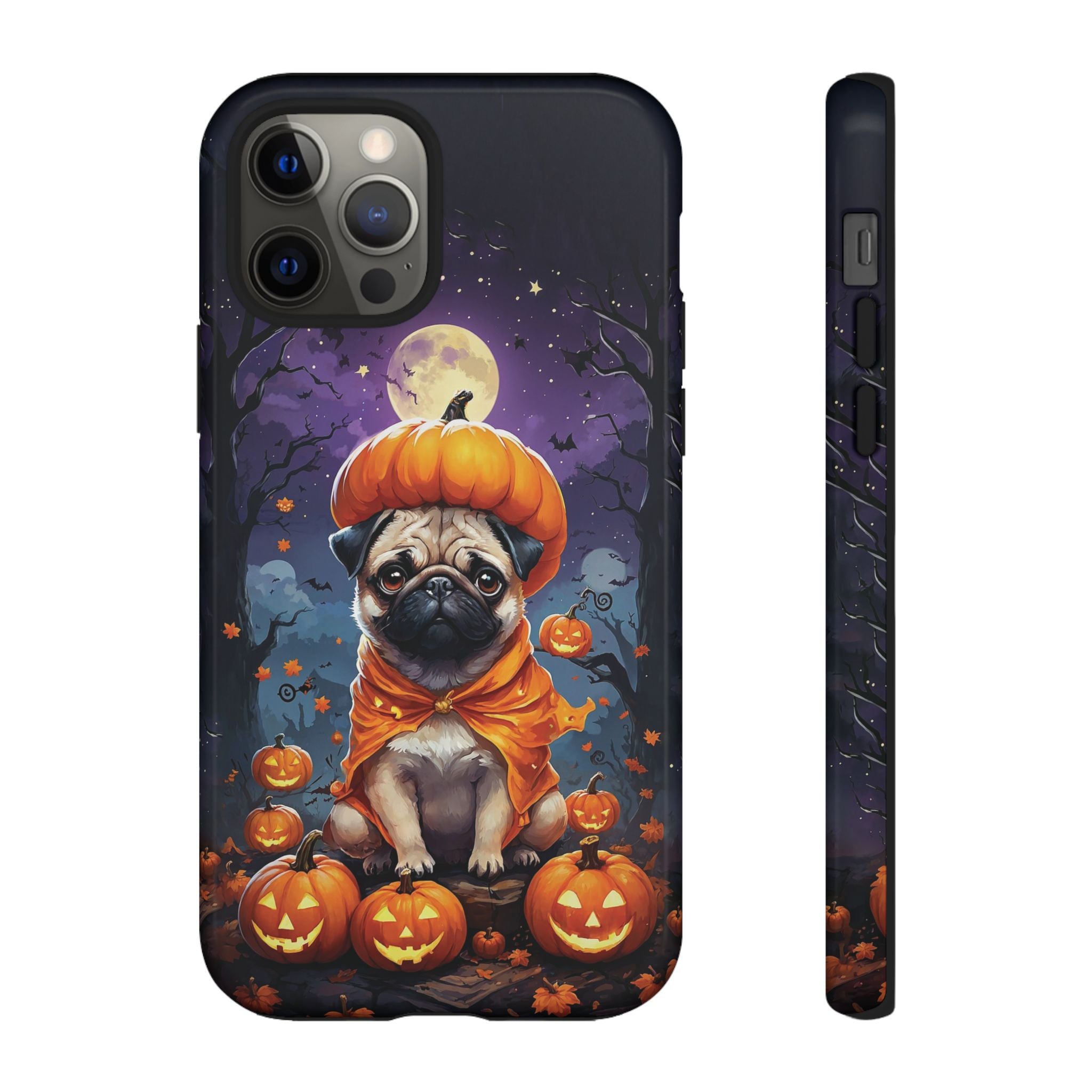 Phone case with a pug in a pumpkin costume surrounded by pumpkins and a full moon on a dark background.