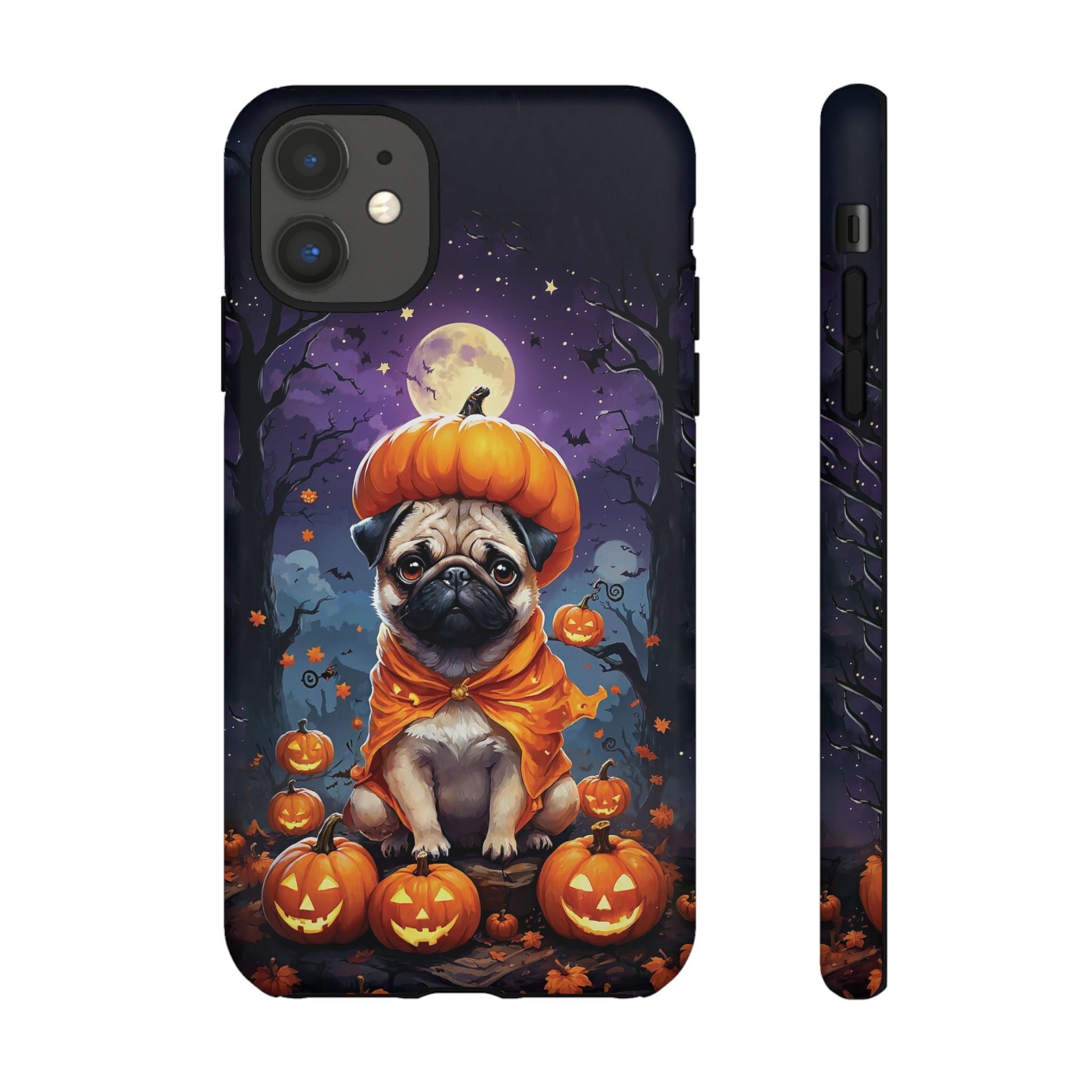 Phone case with a pug in an orange pumpkin costume on a Halloween-themed background
