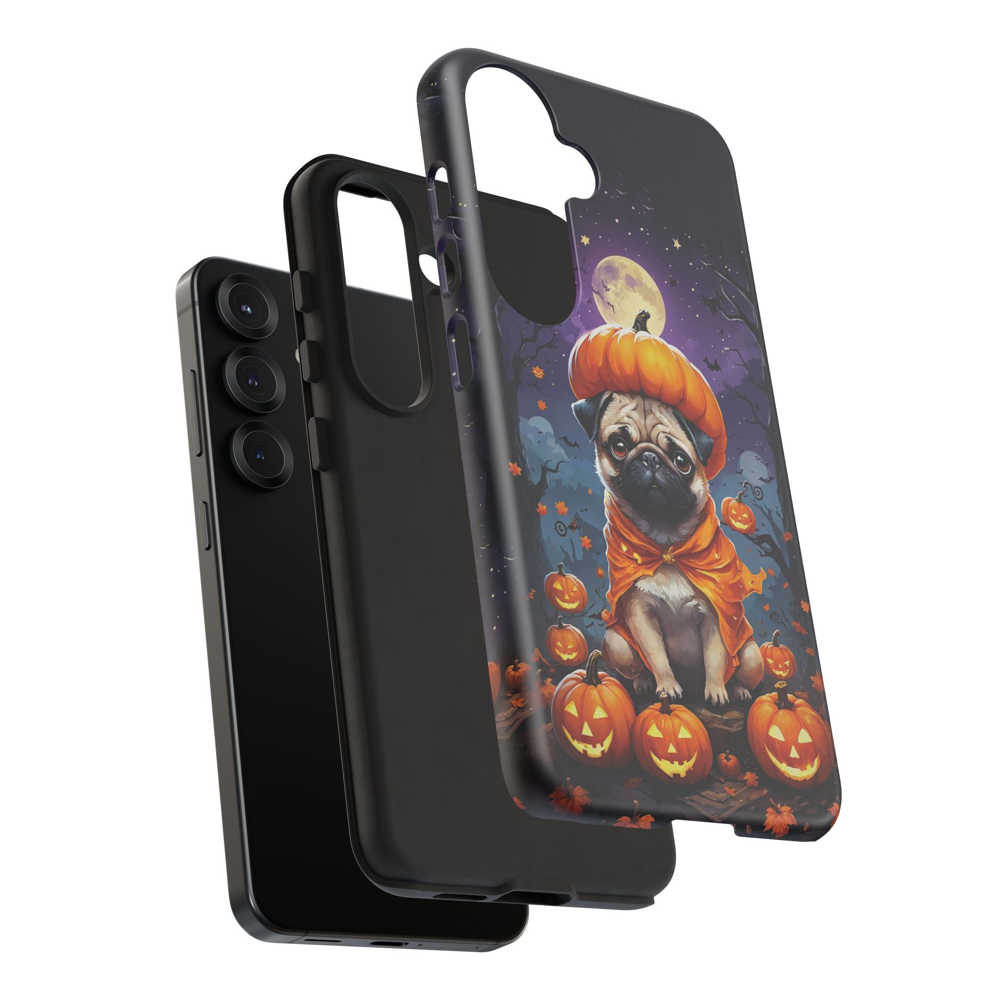 Black phone case with a Halloween-themed design featuring a pug in a pumpkin costume and jack-o'-lanterns.