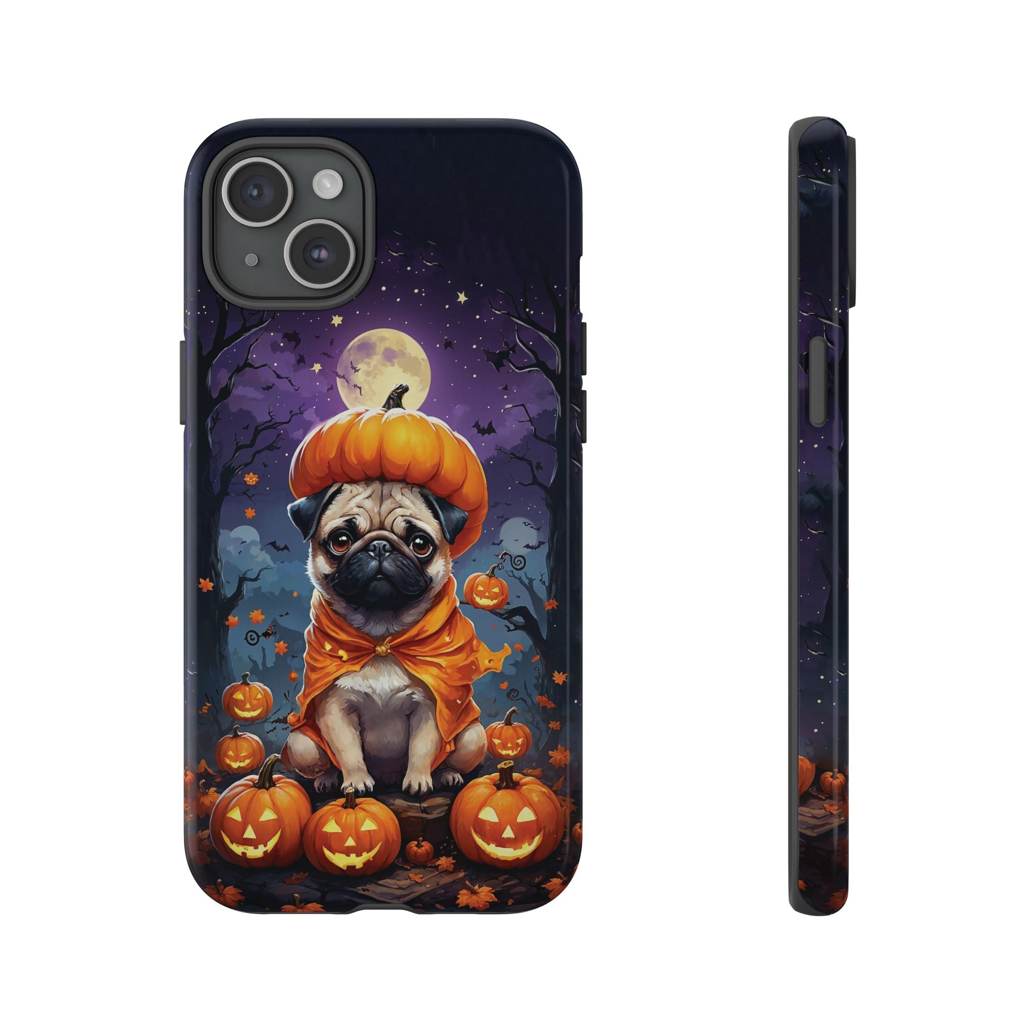 Phone case with a pug in an orange costume on a pumpkin, surrounded by jack-o'-lanterns and bats against a dark sky.