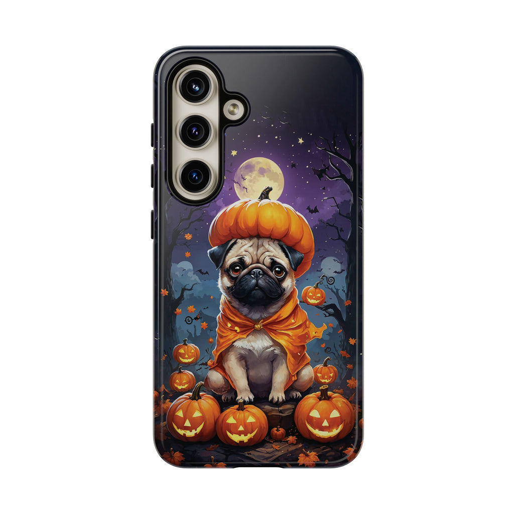 Phone case with a pug in a pumpkin costume on a Halloween-themed background