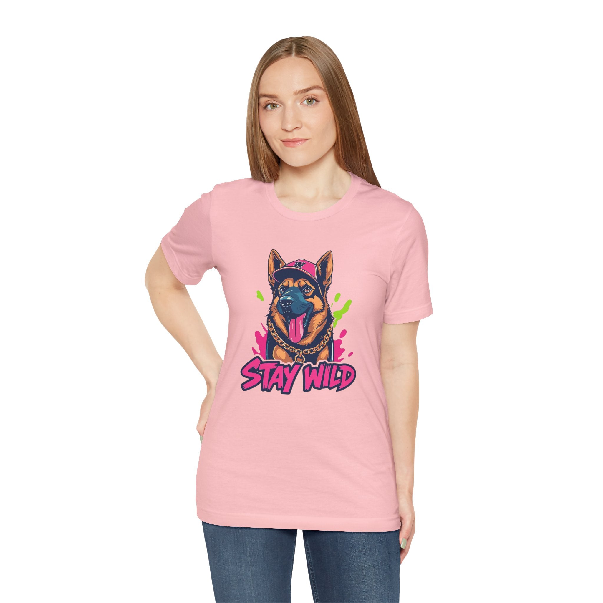 Person wearing a pink t-shirt with a dog graphic and 'Stay Wild' text on a white background