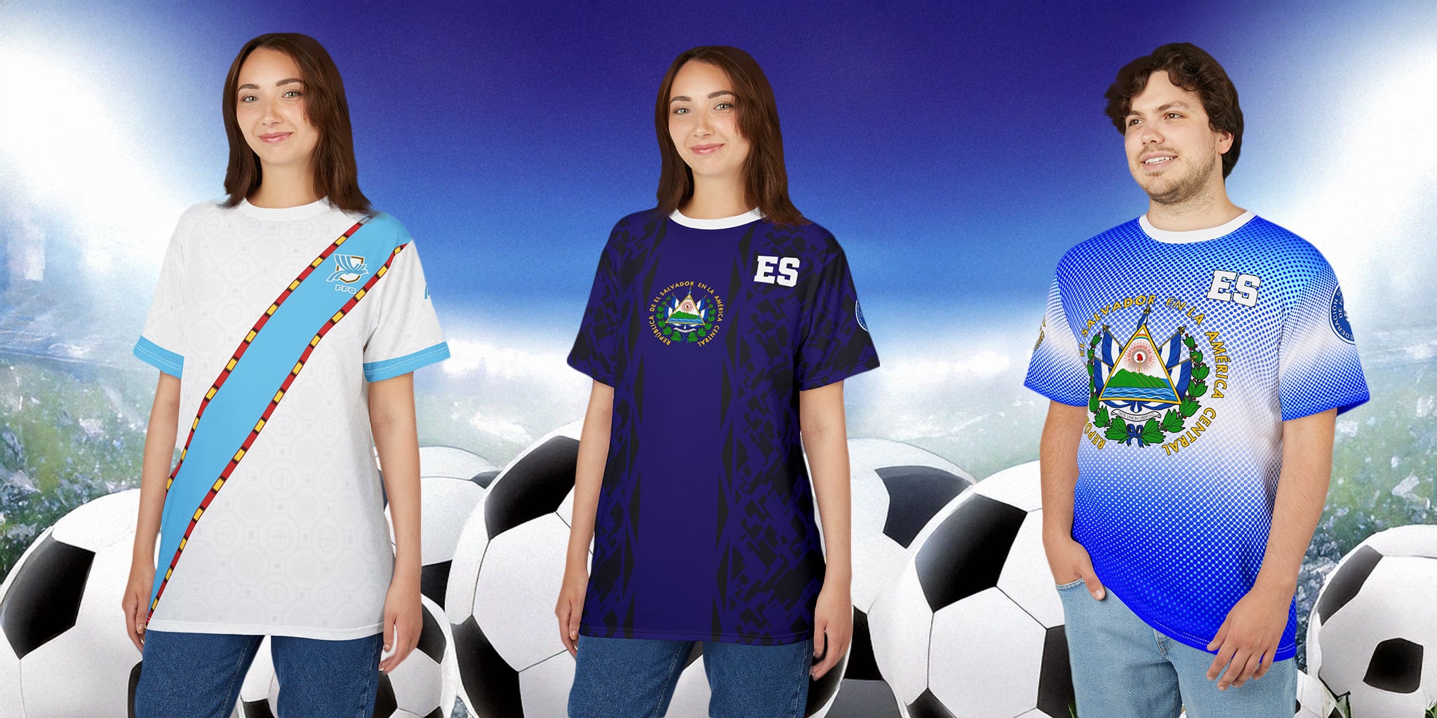Three people wearing sports jerseys with visible branding in front of soccer balls.