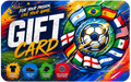 Gift card with soccer ball and international flags on a colorful background
