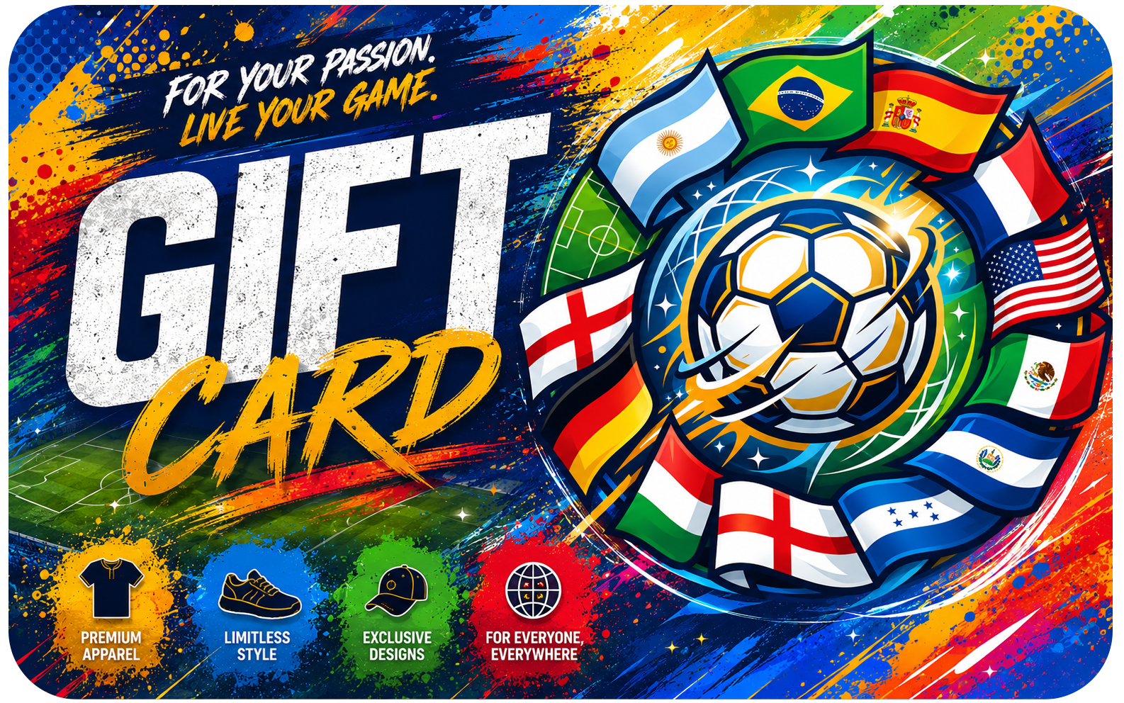Gift card with soccer ball and international flags on a colorful background
