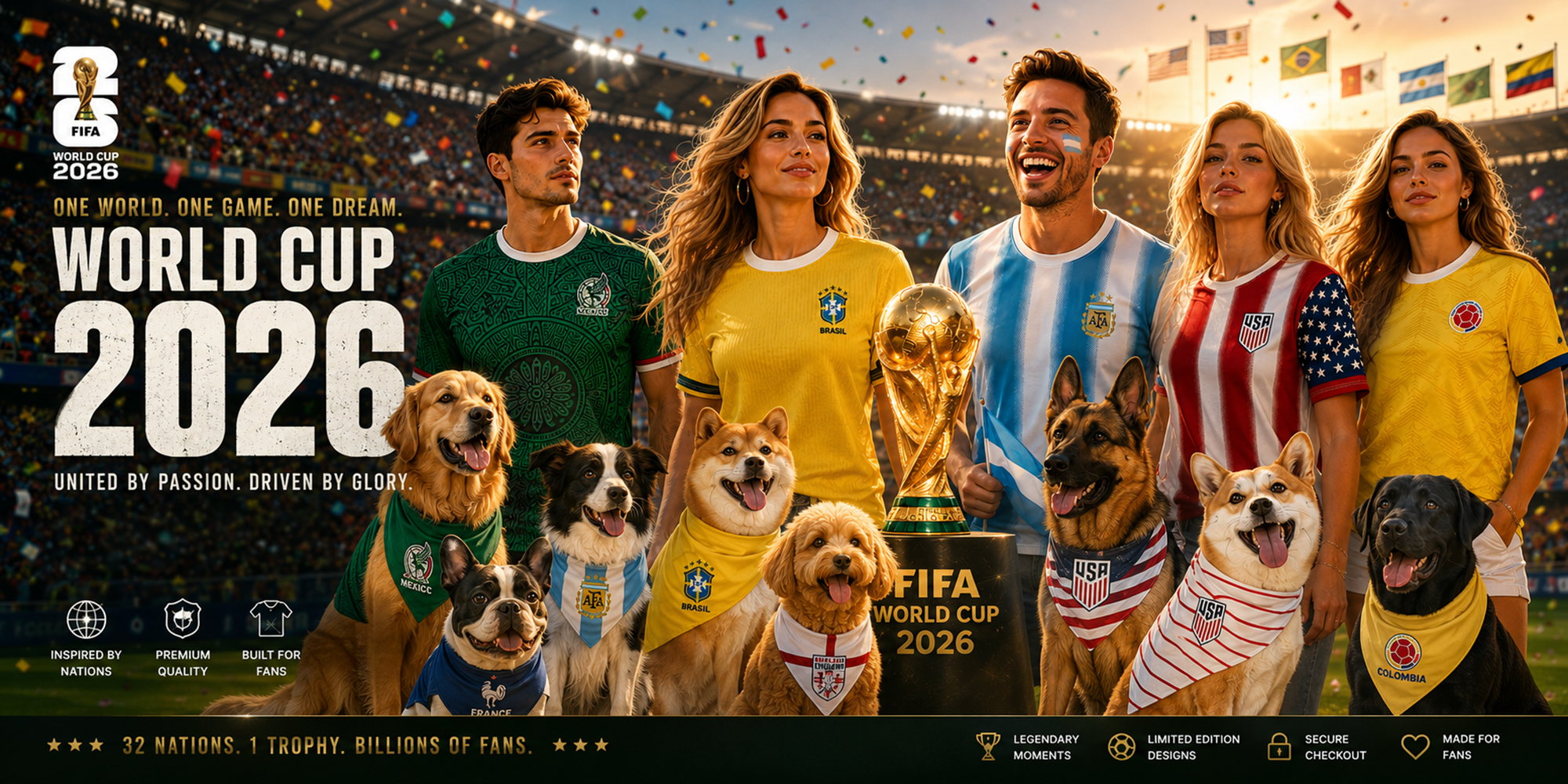 Promotional image for the 2026 FIFA World Cup featuring people and dogs in various national team jerseys.